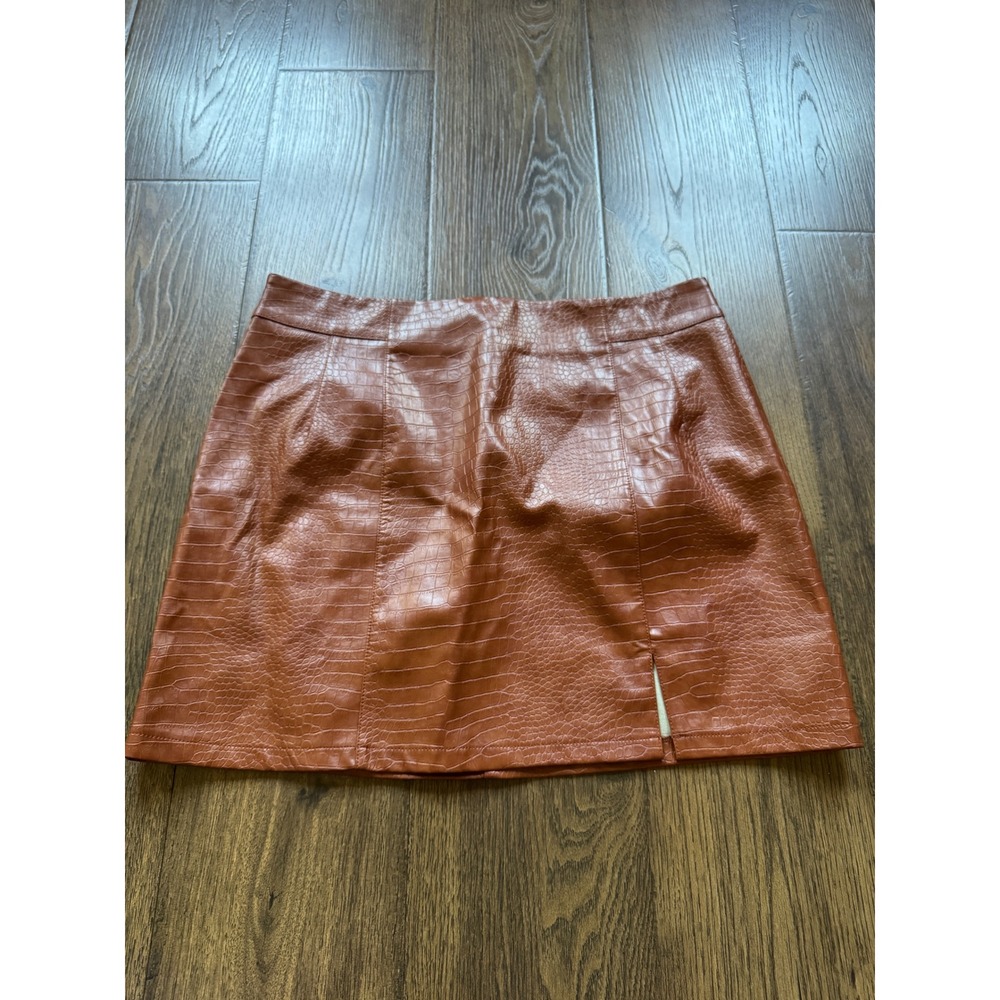 Skies Are Blue Cognac Croc Embossed Faux Leather Mini Skirt XL Slit Side Zip
